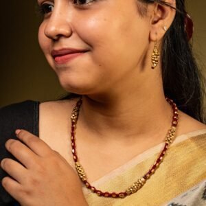 Handcrafted Odisha Tribal Dhokra Brass Beaded Necklace with Earrings – Jaya - Maroon