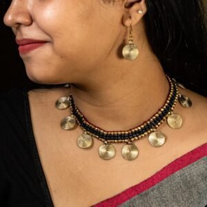 Handcrafted Odisha Tribal Dhokra Charm Necklace with Earrings – Kuni - Maroon