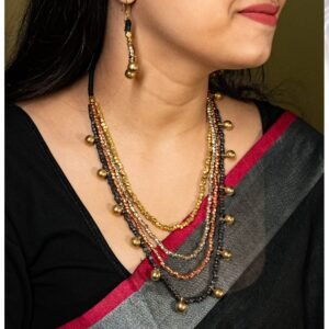 Handcrafted Odisha Tribal Dhokra Layered Necklace with Earrings – Kusum - Black