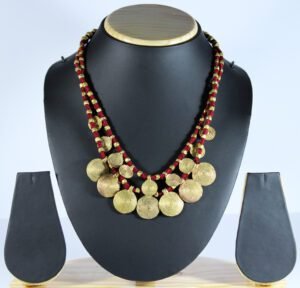 Handcrafted Odisha Tribal Dhokra Coin Drop Necklace with Earrings – Rina - Maroon