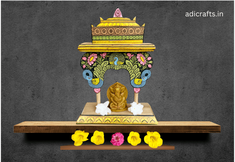 Handcrafted and Hand-Painted (Pattachitra) Wooden Small Temple/Pooja Khatuli/Wooden Mandap 001 - Image 6
