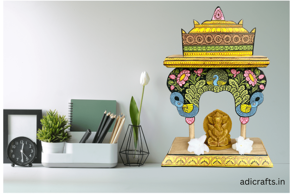 Handcrafted and Hand-Painted (Pattachitra) Wooden Small Temple/Pooja Khatuli/Wooden Mandap 001 - Image 4