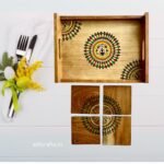 Wooden Handcrafted & Hand painted (Saura Painting) Serving Tray with 4 Pcs Coaster (STCJ002)