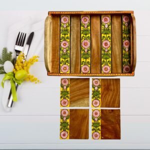 Wooden Handcrafted & Hand painted (Pattachitra) Serving Tray with 4 Pcs Coaster (STCT007)