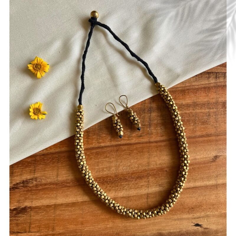 Handcrafted Odisha Tribal Dhokra Brass Bead Necklace with Earrings – Hema