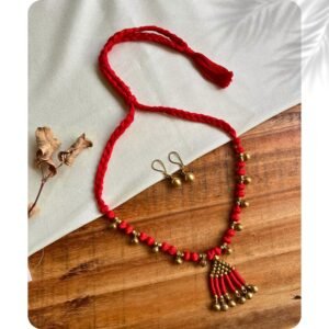 Handcrafted Odisha Tribal Dhokra Tassel Drop Necklace with Earrings – Kusum - Red