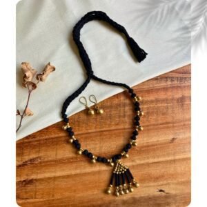 Handcrafted Odisha Tribal Dhokra Tassel Drop Necklace with Earrings – Kusum - Black