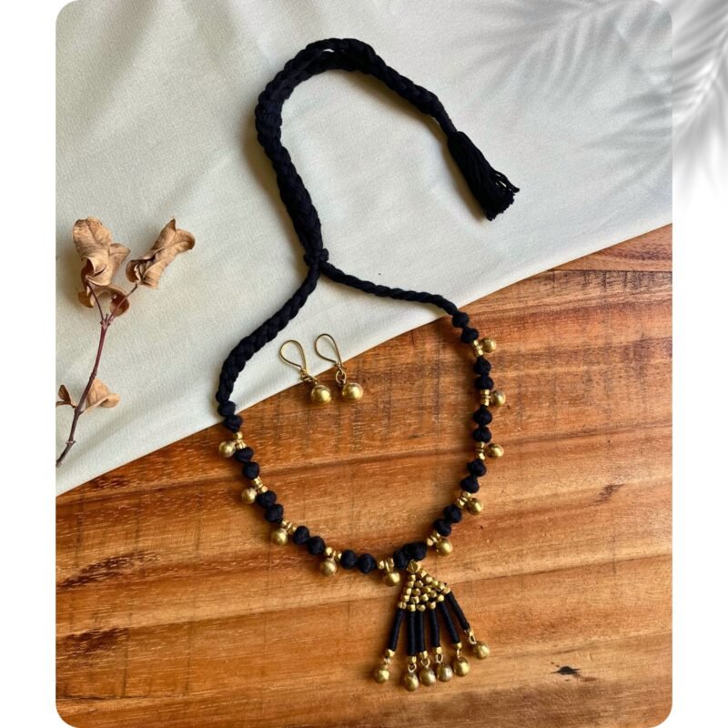 Handcrafted Odisha Tribal Dhokra Tassel Drop Necklace with Earrings – Kusum - Black