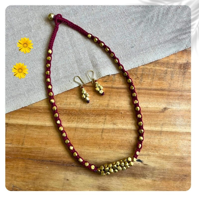 Handcrafted Odisha Tribal Dhokra Beaded Necklace with Earrings – Devi - Maroon