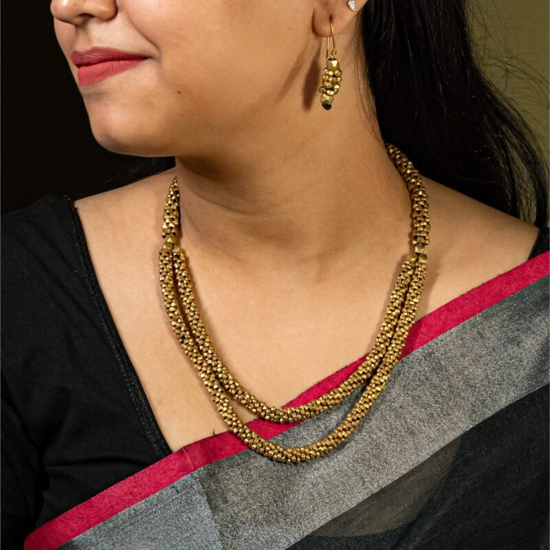 Handcrafted Odisha Tribal Dhokra Brass & Copper Bead Necklace with Earrings – Lalita