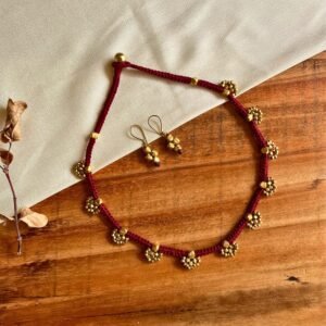 Handcrafted Odisha Tribal Dhokra Ghungroo Drop Necklace with Earrings – Jaya - Maroon