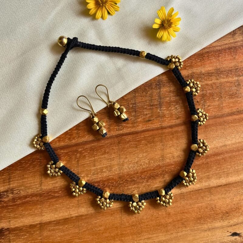 Handcrafted Odisha Tribal Dhokra Ghungroo Drop Necklace with Earrings – Jaya - Black